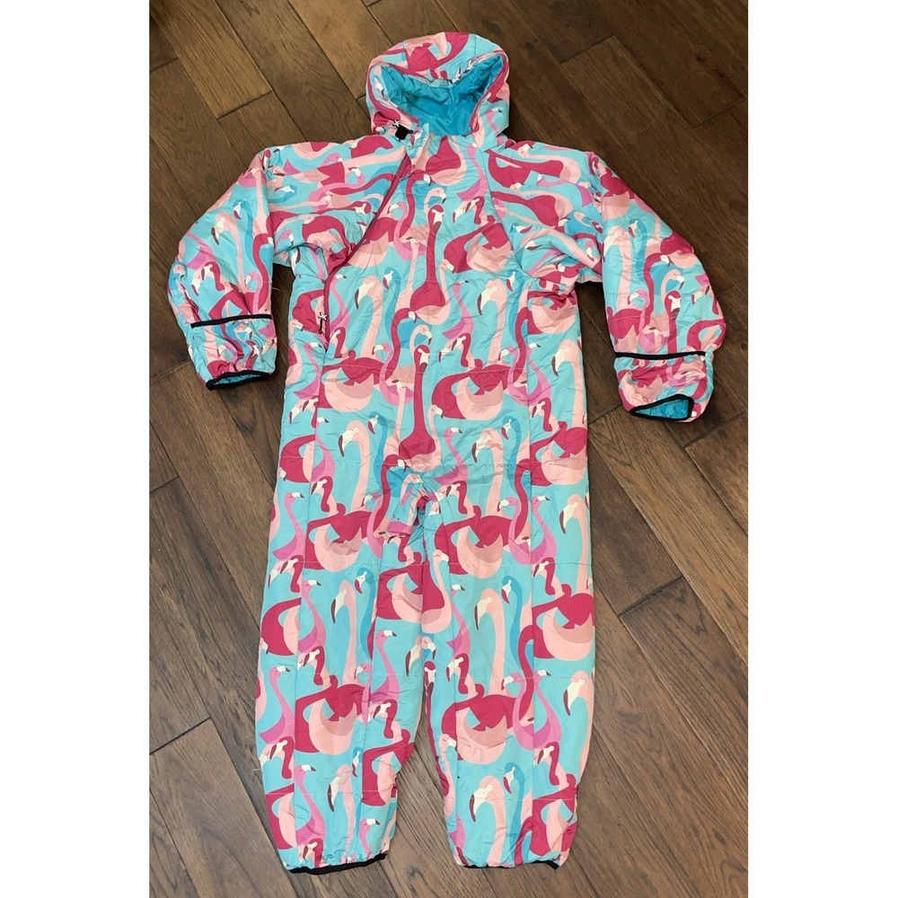 "SELK'BAG" SNOW SUIT~GIRLS YOUTH SZ.L~HEIGHT-4'11'~PINK FLAMINGO-BLUE BACKGROUND